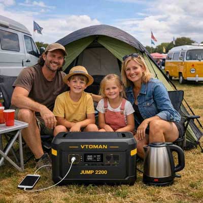 Family camping off-grid with solar power